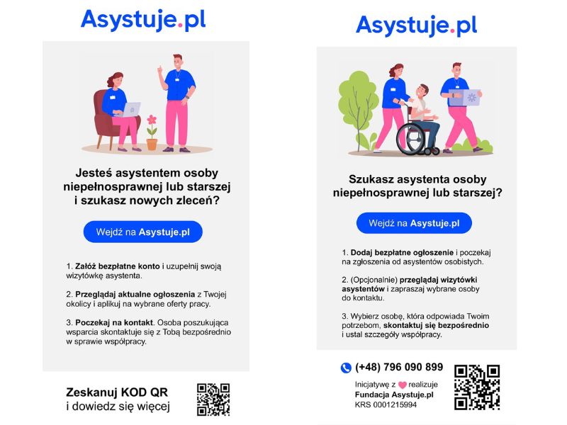 Grafika promocyjna serwisu Asystuje.pl podzielona na dwie części: dla asystentów i dla osób poszukujących wsparcia. Zawiera ilustracje m.in. osobę na wózku inwalidzkim, krótkie instrukcje, numer telefonu i kody QR